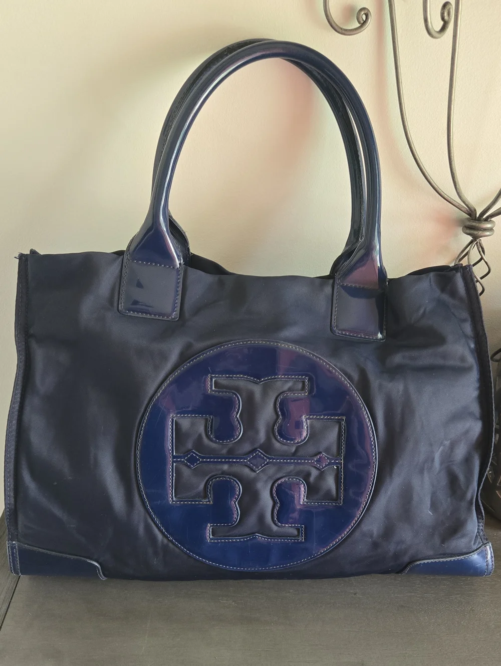 Tory Burch Navy Blue Nylon Tote with Patent Logo